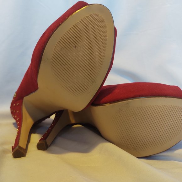 Red Studded Open Toe with Gold Colour Tip 5" Heel - Picture 11 of 11